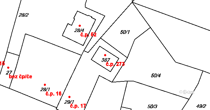 Tetín 273 na parcele st. 387 v KÚ Tetín u Berouna, Katastrální mapa
