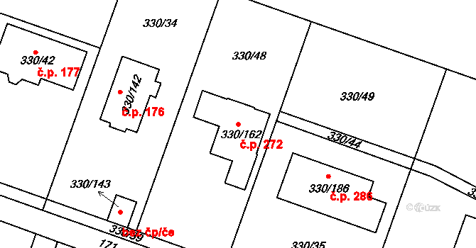 Hlušovice 272 na parcele st. 330/162 v KÚ Hlušovice, Katastrální mapa