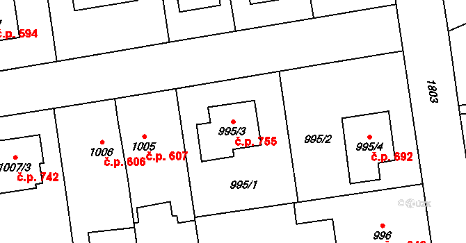 Kylešovice 755, Opava na parcele st. 995/3 v KÚ Kylešovice, Katastrální mapa