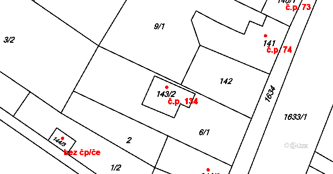 Hrabyně 134 na parcele st. 143/2 v KÚ Hrabyně, Katastrální mapa