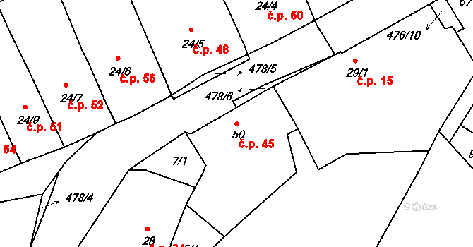 Těšínov 45, Protivín na parcele st. 50 v KÚ Těšínov u Protivína, Katastrální mapa