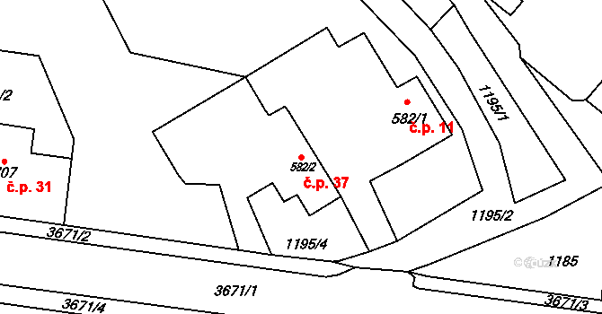 Jezbiny 37, Jaroměř na parcele st. 582/2 v KÚ Jezbiny, Katastrální mapa