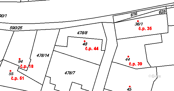 Lhota 44, Přelouč na parcele st. 48 v KÚ Lhota pod Přeloučí, Katastrální mapa