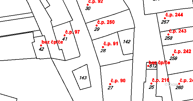 Lysice 91 na parcele st. 28 v KÚ Lysice, Katastrální mapa