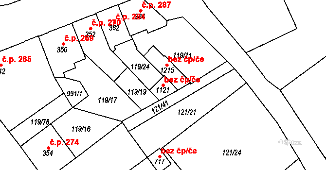 Košťany 89869028 na parcele st. 1121 v KÚ Košťany, Katastrální mapa