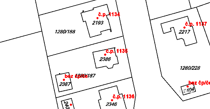 Dobřany 1135 na parcele st. 2386 v KÚ Dobřany, Katastrální mapa