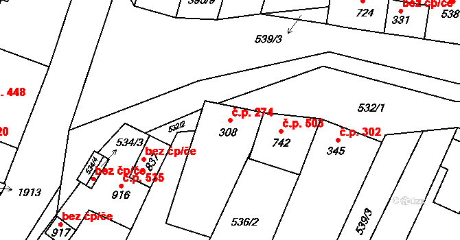 Šakvice 274 na parcele st. 308 v KÚ Šakvice, Katastrální mapa