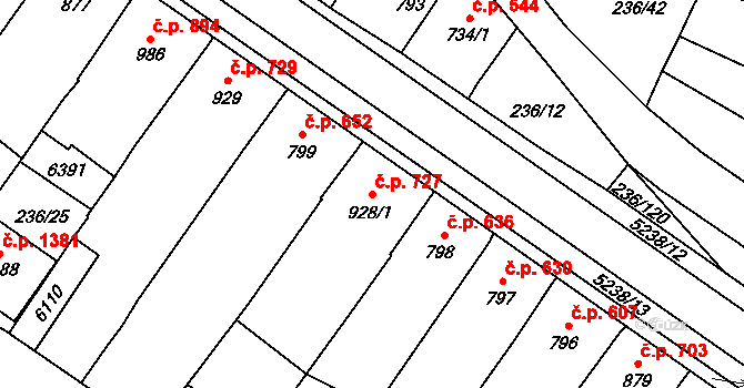 Velké Bílovice 727 na parcele st. 928/1 v KÚ Velké Bílovice, Katastrální mapa