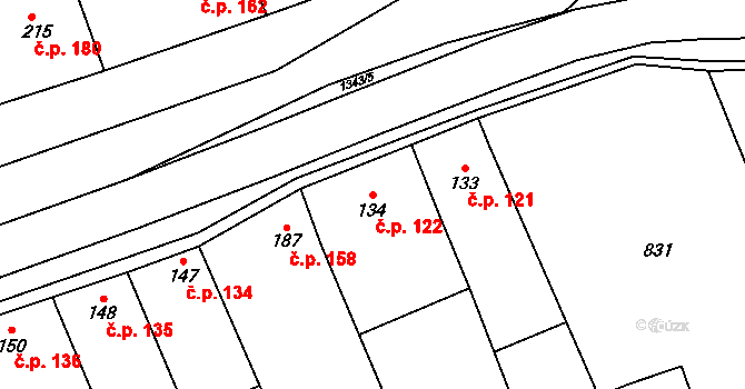 Jestřabice 122, Koryčany na parcele st. 134 v KÚ Jestřabice, Katastrální mapa