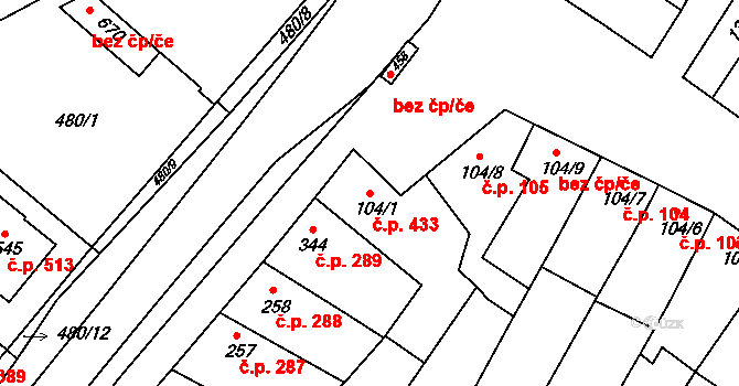 Smržice 433 na parcele st. 104/1 v KÚ Smržice, Katastrální mapa