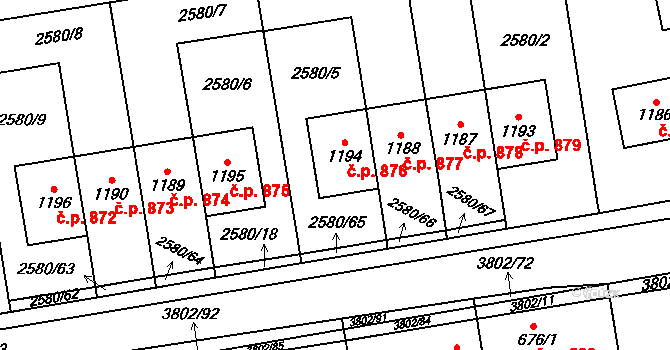 Dobřany 876 na parcele st. 1194 v KÚ Dobřany, Katastrální mapa