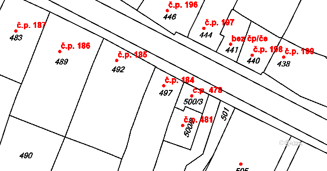Šatov 184 na parcele st. 497 v KÚ Šatov, Katastrální mapa