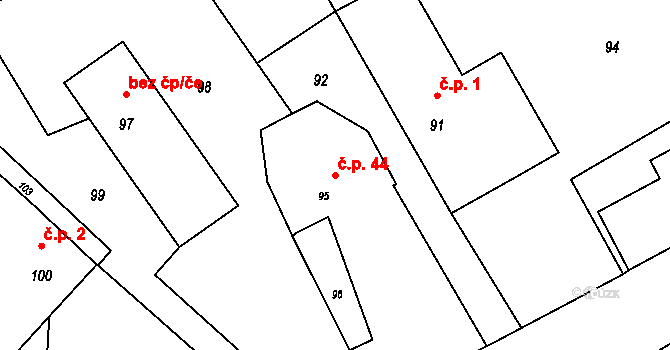 Vysoká 44, Hustopeče nad Bečvou na parcele st. 95 v KÚ Vysoká u Hustopečí nad Bečvou, Katastrální mapa