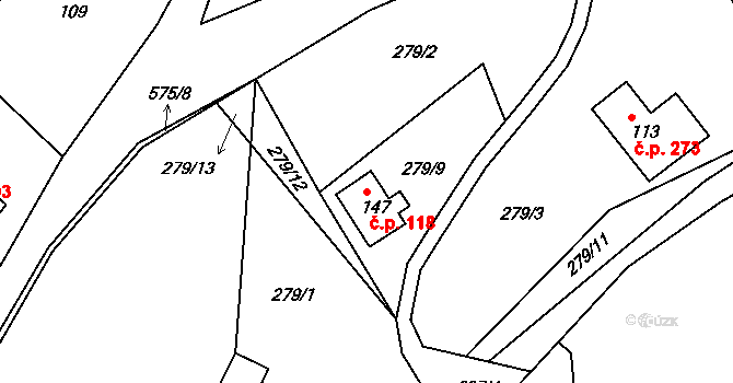 Jenišovice 118 na parcele st. 147 v KÚ Jenišovice u Jablonce nad Nisou, Katastrální mapa
