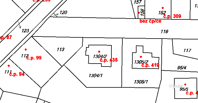 Hřebeč 435 na parcele st. 1304/2 v KÚ Hřebeč, Katastrální mapa