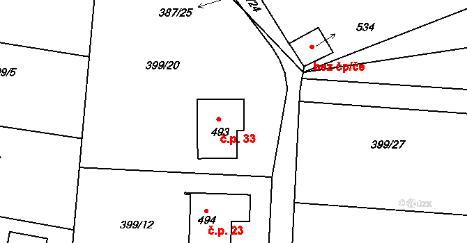 Český Šternberk 33 na parcele st. 493 v KÚ Český Šternberk, Katastrální mapa