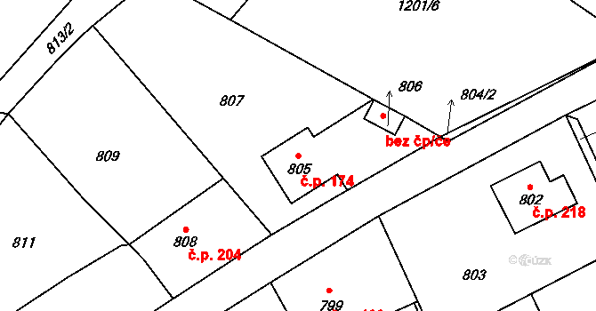 Zaječov 174 na parcele st. 805 v KÚ Zaječov, Katastrální mapa