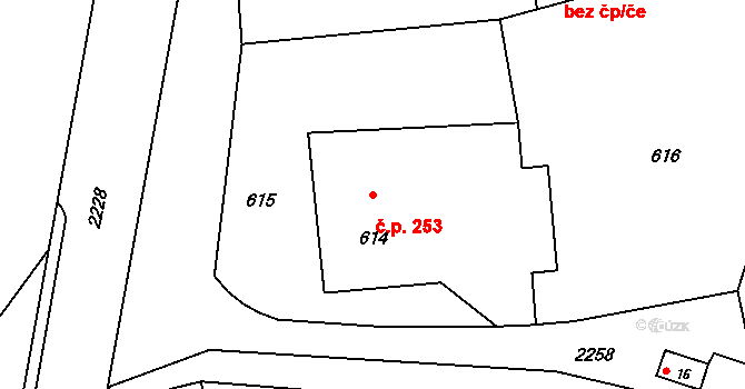 Velká Bystřice 253 na parcele st. 614 v KÚ Velká Bystřice, Katastrální mapa
