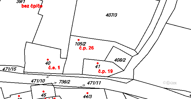Režný Újezd 26, Velemín na parcele st. 105/2 v KÚ Boreč u Lovosic, Katastrální mapa