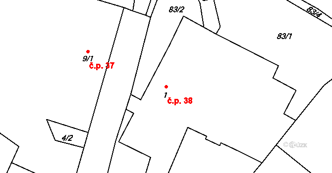 Velký Hubenov 38, Snědovice na parcele st. 1 v KÚ Velký Hubenov, Katastrální mapa