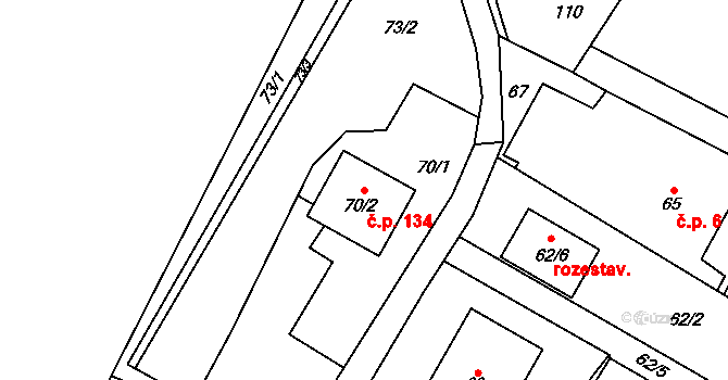 Prstná 134, Petrovice u Karviné na parcele st. 70/2 v KÚ Prstná, Katastrální mapa