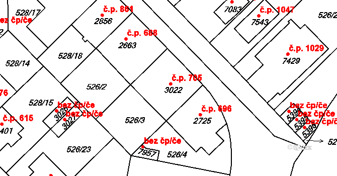 Borovina 705, Třebíč na parcele st. 3022 v KÚ Třebíč, Katastrální mapa