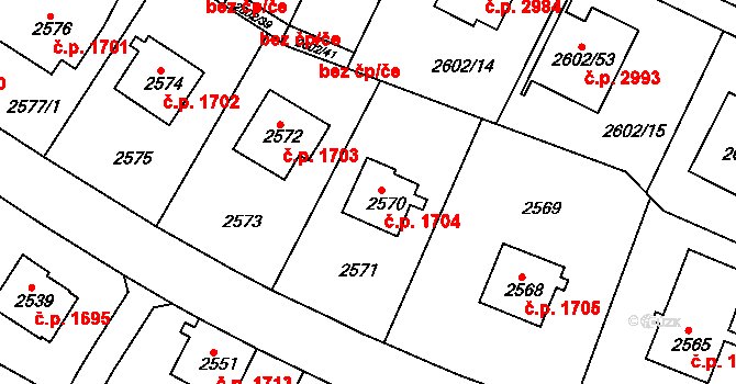 Teplice 1704 na parcele st. 2570 v KÚ Teplice, Katastrální mapa