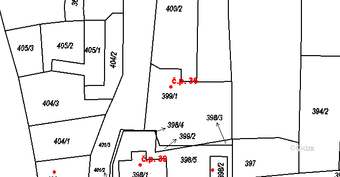 Račetice 36 na parcele st. 399/1 v KÚ Račetice, Katastrální mapa