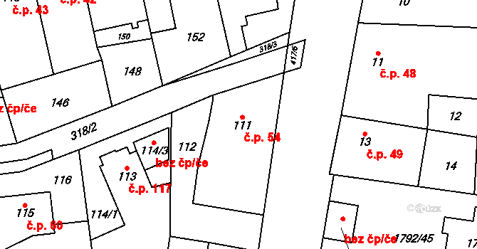 Holyně 54, Praha na parcele st. 111 v KÚ Holyně, Katastrální mapa