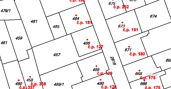 Radotín 127, Praha na parcele st. 486 v KÚ Radotín, Katastrální mapa
