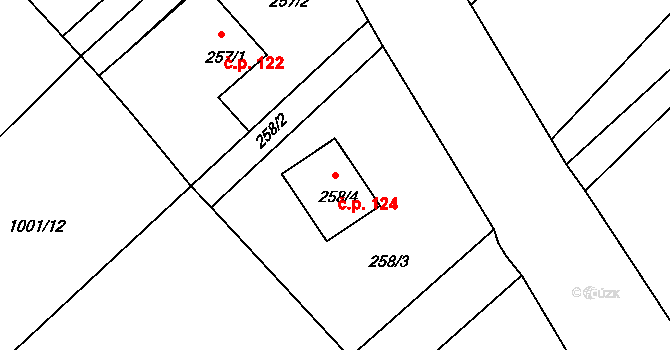 Tušť 124, Suchdol nad Lužnicí na parcele st. 258/4 v KÚ Tušť, Katastrální mapa