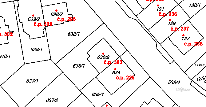 Radlice 303, Praha na parcele st. 636/2 v KÚ Radlice, Katastrální mapa
