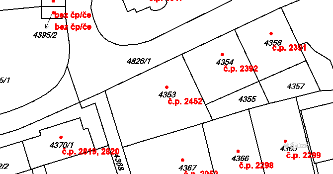 Smíchov 2452, Praha na parcele st. 4353 v KÚ Smíchov, Katastrální mapa