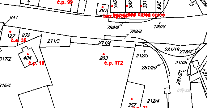 Dolní Chrastava 172, Chrastava na parcele st. 203 v KÚ Dolní Chrastava, Katastrální mapa