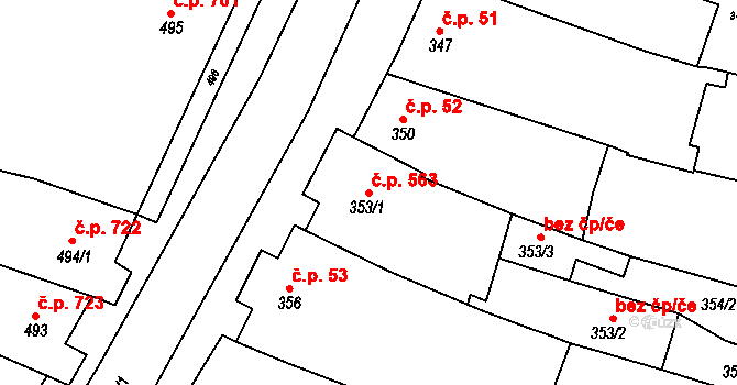 Újezd u Brna 563 na parcele st. 353/1 v KÚ Újezd u Brna, Katastrální mapa