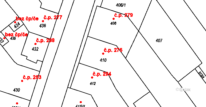 Přísnotice 275 na parcele st. 410 v KÚ Přísnotice, Katastrální mapa