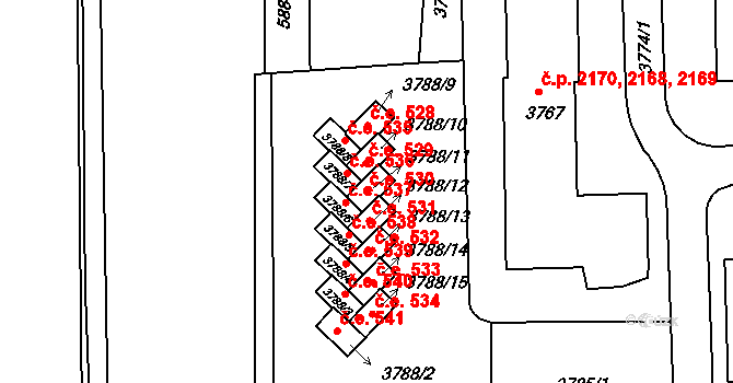 Tábor 530 na parcele st. 3788/11 v KÚ Tábor, Katastrální mapa