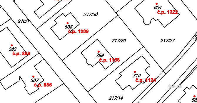 Rudná 1158 na parcele st. 759 v KÚ Hořelice, Katastrální mapa