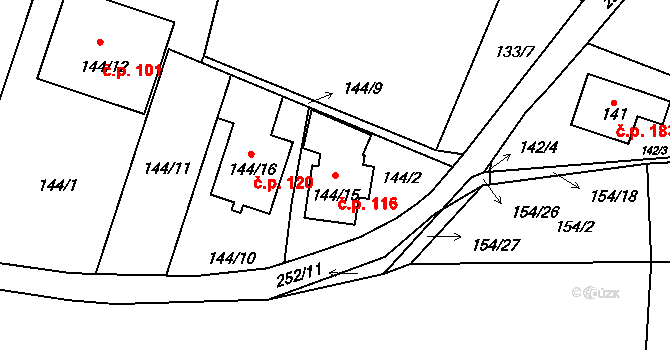 Sobín 116, Praha na parcele st. 144/15 v KÚ Sobín, Katastrální mapa