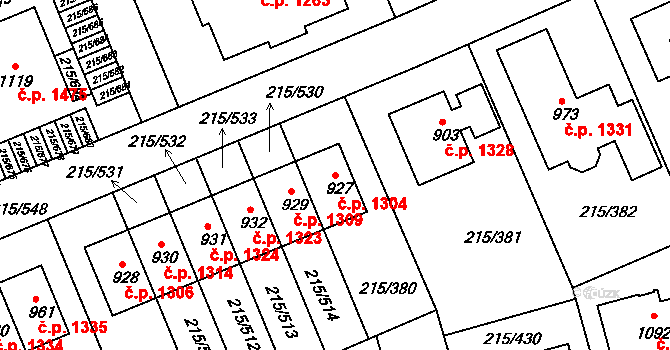 Rudná 1304 na parcele st. 927 v KÚ Hořelice, Katastrální mapa