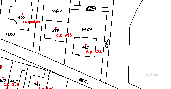 Slatinice 374 na parcele st. 490 v KÚ Slatinice na Hané, Katastrální mapa