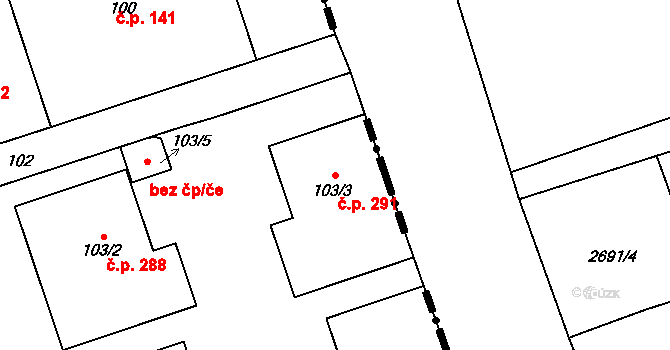 Antonínův Důl 291, Jihlava na parcele st. 103/3 v KÚ Antonínův Důl, Katastrální mapa