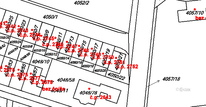 Horní Počernice 2751, Praha na parcele st. 4050/19 v KÚ Horní Počernice, Katastrální mapa