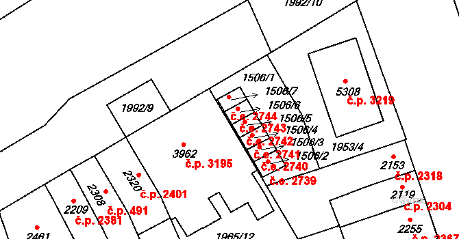 Hodonín 2743 na parcele st. 1506/6 v KÚ Hodonín, Katastrální mapa