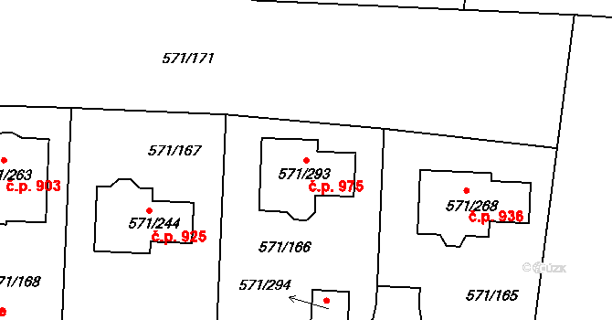Šeberov 975, Praha na parcele st. 571/293 v KÚ Šeberov, Katastrální mapa