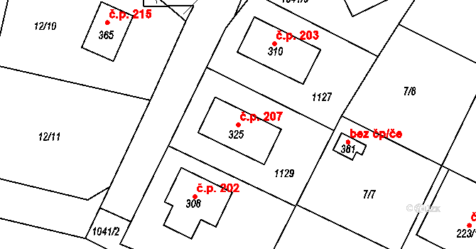 Bečváry 207 na parcele st. 325 v KÚ Bečváry, Katastrální mapa