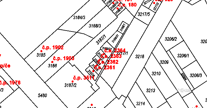 Znojmo 2364 na parcele st. 3187/3 v KÚ Znojmo-město, Katastrální mapa