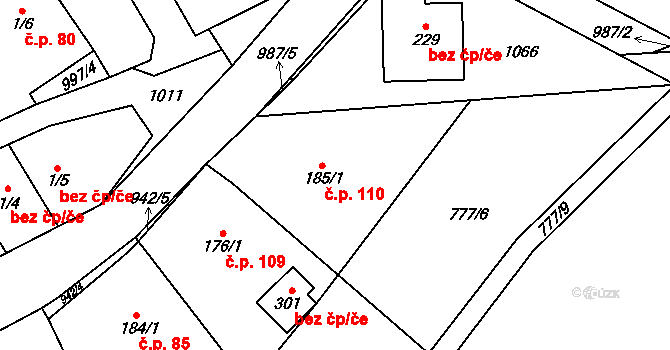 Dalečín 110 na parcele st. 185/1 v KÚ Dalečín, Katastrální mapa