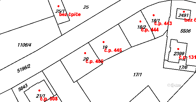 Vizovice 445 na parcele st. 19 v KÚ Vizovice, Katastrální mapa