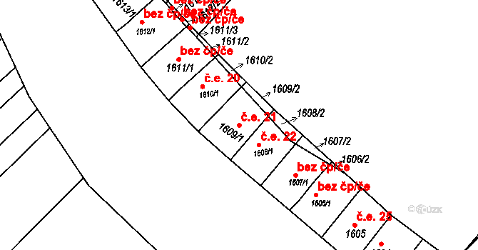 Sudoměřice 21 na parcele st. 1609/1 v KÚ Sudoměřice, Katastrální mapa